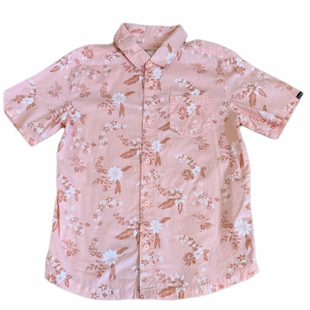 Hurley Floral Peach Short Sleeve Boy’s Button Up Shirt Size L